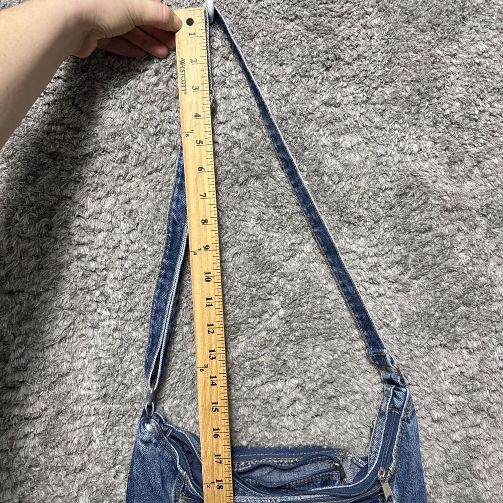 Vintage 90s Denim Purse Floral Embroidered Pockets Hobo Shoulder Bag Adjustable - Picture 12 of 12